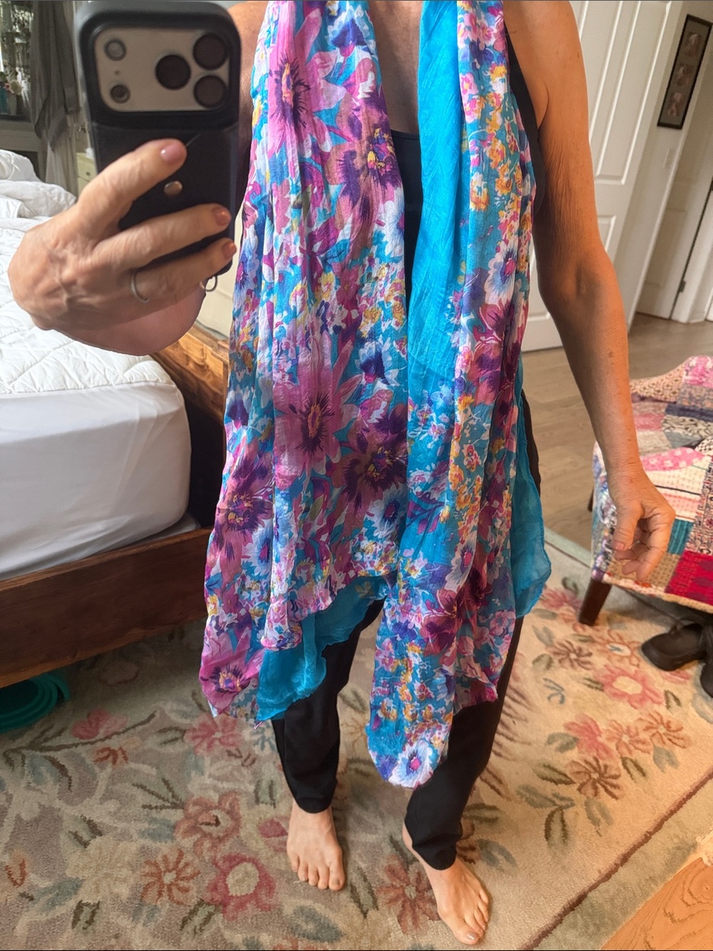 Turquoise Floral-Print extra large sarong, scarf, shawl. Gorgeous!
